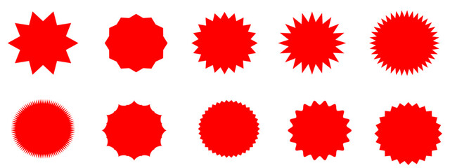 Red Starburst Sale Badge, Promotional Label and Decorative Burst Shapes Collection Isolated on White Background