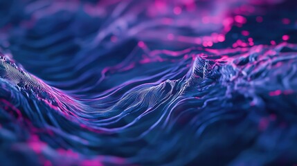 Abstract digital landscape featuring undulating lines and illuminated pink particles, representing data flow, network connectivity, and advanced technology