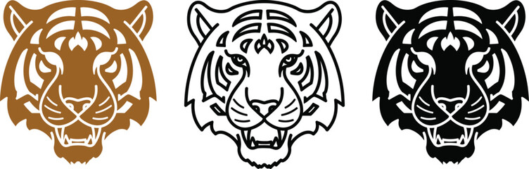 Three stylized tiger head in brown black and outline on white animal symbol