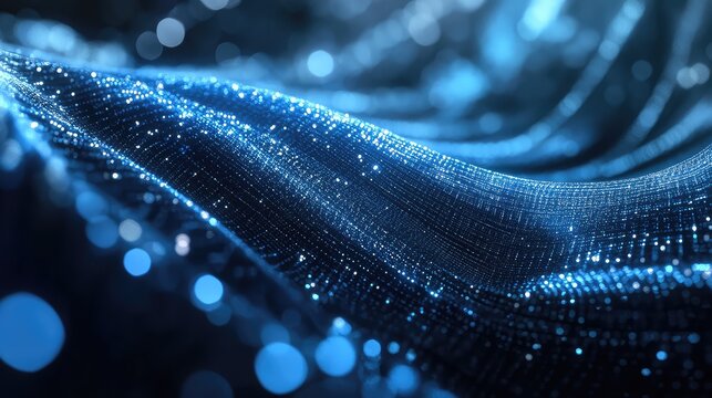 Abstract blue light particles are creating a futuristic data stream flowing across a dark background, representing concepts like big data, artificial intelligence, and global network connections - Powered by Adobe