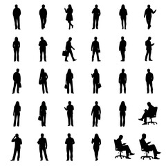 Collection of diverse business people silhouettes in various poses and actions against a white background