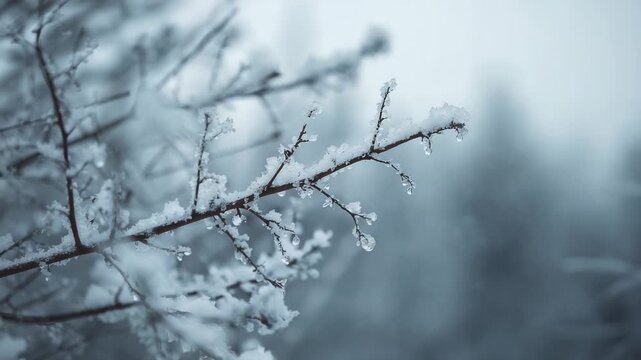 Swaying thin frosty twig at forest edge from faint breeze, exposure shifting, ice droplets glinting