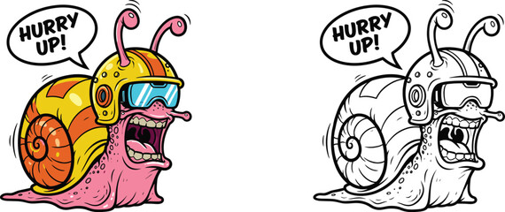 Two cartoon snails wearing helmets and shouting hurry up in speech bubbles