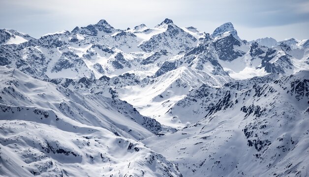 Mountain panorama with view of peaks of the Bernina Group, view from Piz Grialetsch in winter, B&uuml;ndner Haute Route, Albula Alps, Rhaetian Alps, Grisons, Switzerland