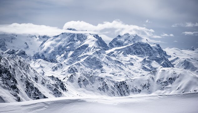 View of mountain panorama with mountain peaks of the Bernina Group, mountain scenery in winter, B&uuml;ndner Haute Route, Albula Alps, Rhaetian Alps, Grisons, Switzerland