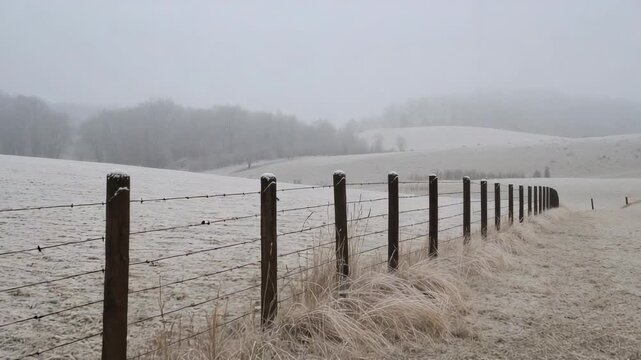 Starting camera tracking fence posts, wire across frost field guiding to misty hills