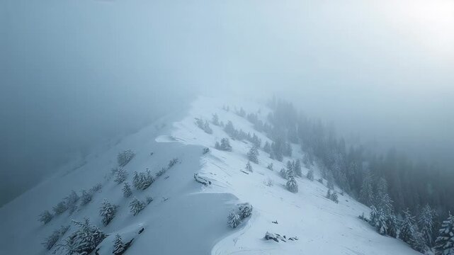 Gliding drone approaching on foggy alpine ridge, revealing faint path and cornices in snow