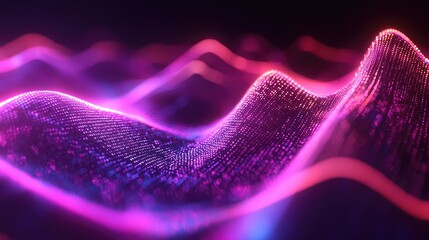 Abstract visualization presenting a dynamic digital mesh with vibrant. Glowing particles forming undulating waves. Symbolizing data. Sound. Or technology concepts in a futuristic energetic background
