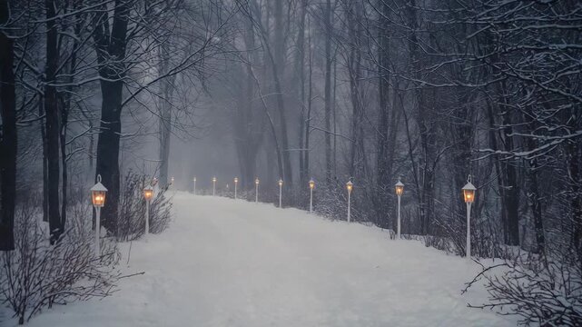 Pushing forward camera revealing snow-covered walkway in park to show receding lit lanterns