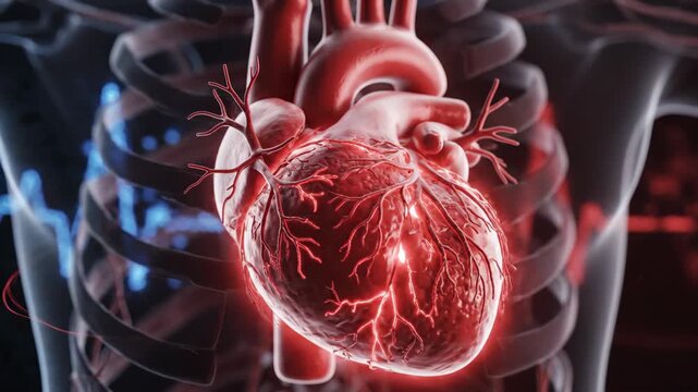 Detailed medical visualization of the human heart and surrounding anatomy with vibrant red and