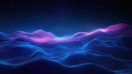 Undulating blue purple particle waves glowing softly over a dark starry field, evoking data flow, network connections and futuristic energy in a dynamic abstract digital landscape