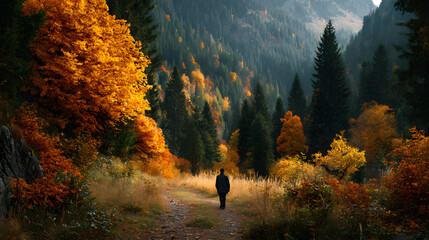 Solitary traveler walking through golden autumn forest in mountain pass 