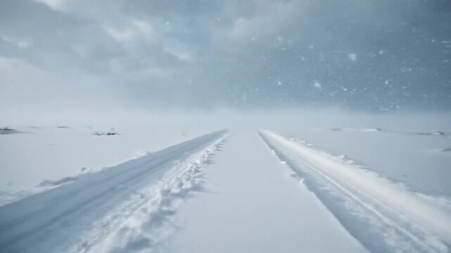 P024-Tire tracks visible on the snow-covered ground during a blizzard leaving room for a copy space imag 4K 10s