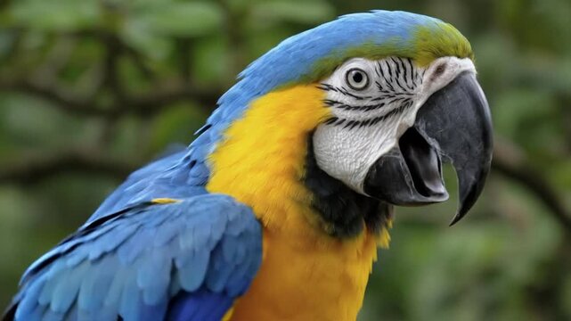 A beautiful, vibrant parrot with striking blue and yellow plumage is captured in a captivating close-up shot. The bird's intelligent eye and powerful black beak are clearly visible, set against a soft