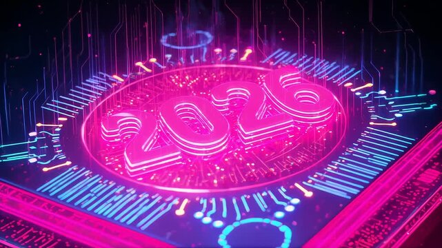 Lighting 2026 medallion sparking neon stack pulsing traces, rising lines on glossy base in studio