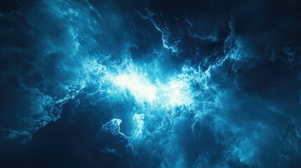 Abstract digital rendering showing bright blue light plasma energy flowing through a dark, turbulent cosmic nebula, creating a dynamic and mysterious atmosphere