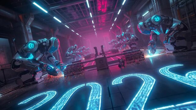 Receiving command, foreground robots leaning and welding glowing 2020 on shiny floor in factory