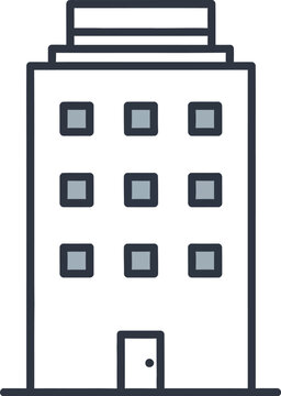 A simple line icon of a building with multiple windows and a door on a