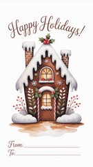 Whimsical winter card showcasing a holiday gift label, playful Christmas icing decor, and snowy accents around the house.
