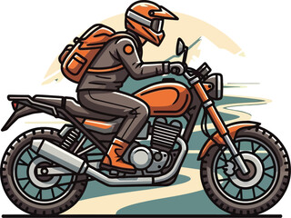 Obraz premium Motorcyclist wearing an orange helmet and backpack riding motorcycle on road with green and beige background