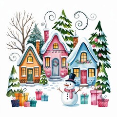 Charming holiday composition showcasing a blue house with snow, playful accents, and a warm Christmas village atmosphere.