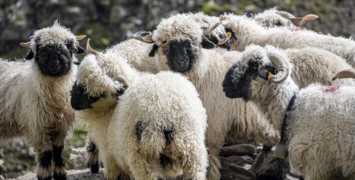 Valais Blacknose sheep (Ovis gmelini aries), group, high alpine mountain valley, Obere Senner Egete, Stubai Alps, near Ridnaun, South Tyrol, Italy
