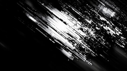 Abstract black and white background showing dynamic diagonal streaks and fragmented patterns, creating a modern visual effect with elements of glitch and movement