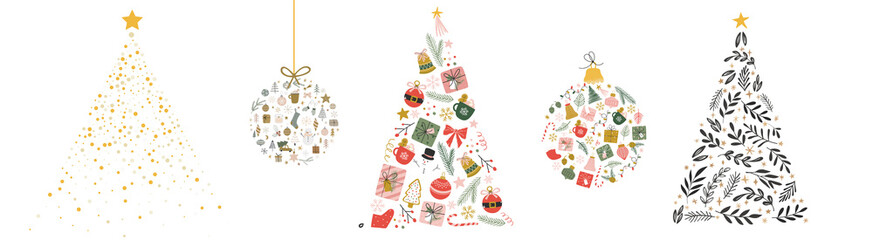 Minimal Christmas Tree & Ornament Set – Elegant Hand-Drawn Holiday Decorations on Transparent Background