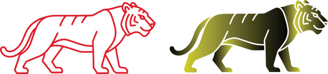 Two stylized tigers one red and one yellow black and green standing side by side