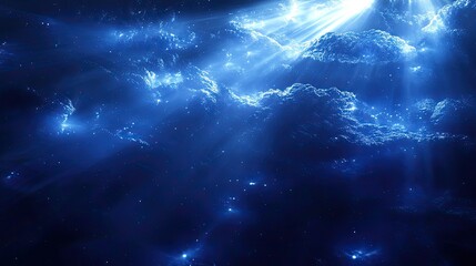 Dark celestial body featuring glowing nebulae and bright particles, with ethereal light streaming through the dense, cloud like formations creating a mystical abstract background