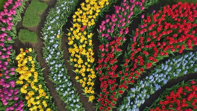 colorful wool fabric, 4k Aerial drone flying Magical landscape with beautiful tulips field in Netherlands on spring. Drone view Blooming multicolor dutch tulip fields in dutch landscape Holland. Trave