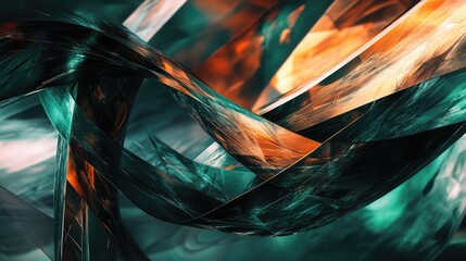 Glowing teal and amber fragments intertwine in a dynamic abstract composition, suggesting flowing data, energy and futuristic digital connections for modern tech backgrounds