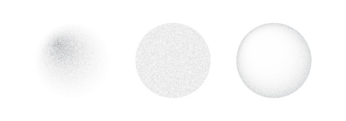 Abstract vector set of stipple grain textures representing digital noise and big data flow. Three circular gradient spheres with sandy dust effect for tech design.