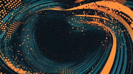 Abstract digital tunnel with glowing orange and teal lines creating a vortex, representing data flow, technology, and futuristic concepts in a dark, dynamic space
