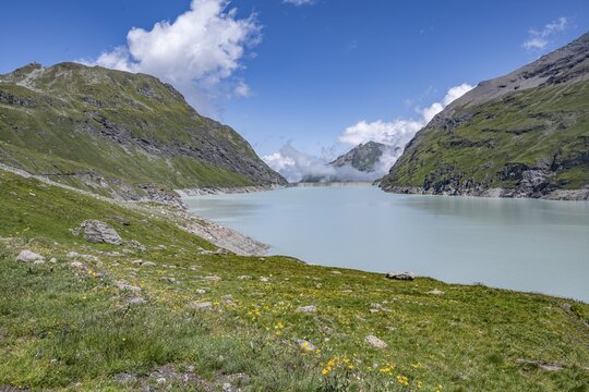 Blue mountain lake in a mountain landscape, Lac des Dix reservoir, Valais Alps, Valais, Switzerland