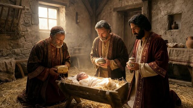 Wise men offer gifts to Jesus in a humble setting during the time of His birth in a small stable