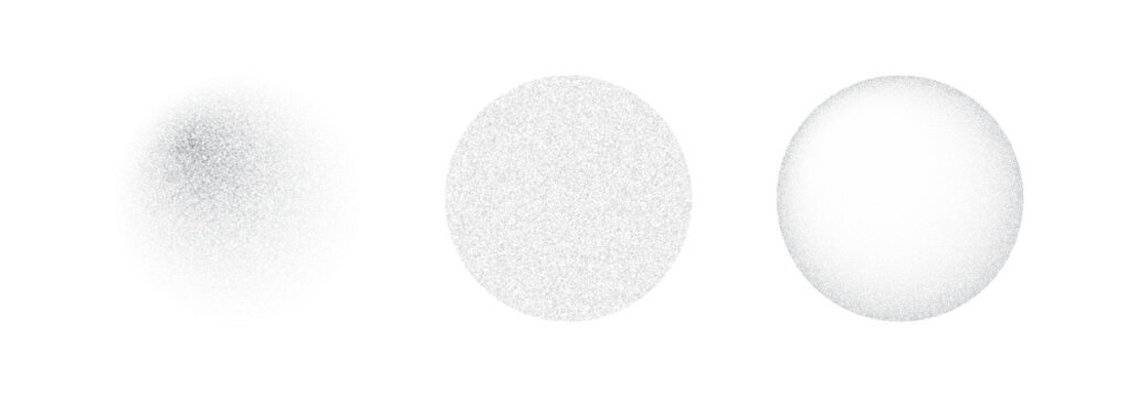 Abstract vector set of stipple grain textures representing digital noise and big data flow. Three circular gradient spheres with sandy dust effect for tech design.