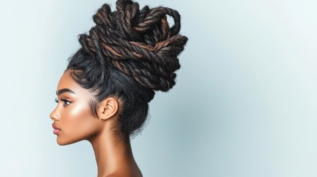Young elegant woman profile view with magnificent coily dreadlocks styled high. Beautiful natural texture and glowing dark skin against light background.