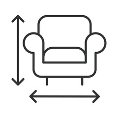 Furniture dimension icon in line design. sofa, size, measurement, moving, furniture, logistics on white background vector. furniture dimension editable stroke icon