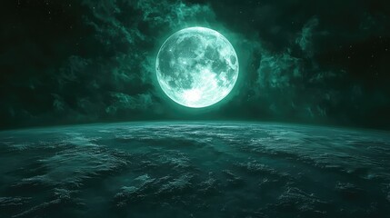 Radiant full moon illuminating the dark, cloudy nebula and mysterious, textured surface of an abstract planet creating a mystical and otherworldly space scene