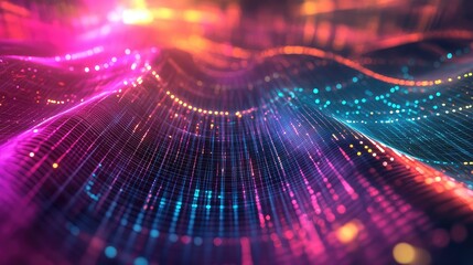 Abstract digital grid showing glowing lines and particles creating a futuristic wavy landscape, representing information flow and advanced technology concepts like ai, big data, and networking