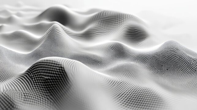 Digital grid surface creating an undulating landscape with a black and white texture, depicting abstract concepts of technology, data flow, and modern science - Powered by Adobe