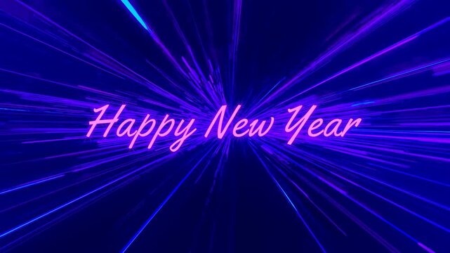 Glowing pink neon Happy New Year staying center on navy background burst sending purple blue rays