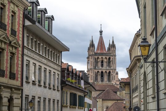Exterior view, Notre-Dame Cathedral, former episcopal church of the diocese of Lausanne, today the main reformed church of the city of Lausanne, Canton of Vaud, Switzerland