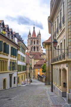 Exterior view, Notre-Dame Cathedral, former episcopal church of the diocese of Lausanne, today the main reformed church of the city of Lausanne, Canton of Vaud, Switzerland