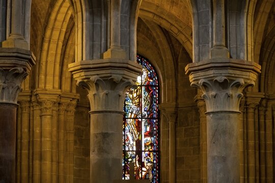 Columns of Notre-Dame Cathedral, former episcopal church of the diocese of Lausanne, today the main reformed church of the city of Lausanne, canton of Vaud, Switzerland