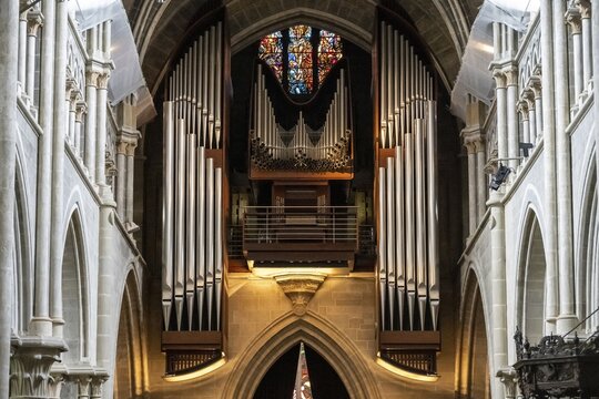 Organ of Notre-Dame Cathedral, former episcopal church of the diocese of Lausanne, today the main reformed church of the city of Lausanne, canton of Vaud, Switzerland