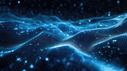 Abstract digital wave surface forming from a grid of glowing blue particles, representing data flow, network connections, and technological advancements in a futuristic environment