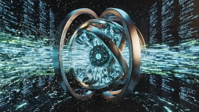 Futuristic Digital Atom Sphere Visualization with Dynamic Light Trails and Data Streams