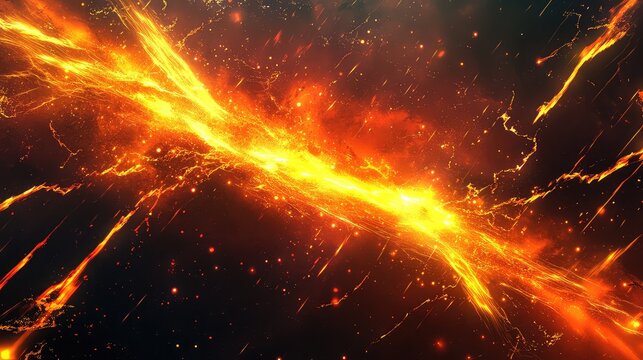 Bright glowing orange and yellow light particles forming a dynamic, fiery blast across a dark starry space, representing powerful force, speed, and vibrant movement - Powered by Adobe